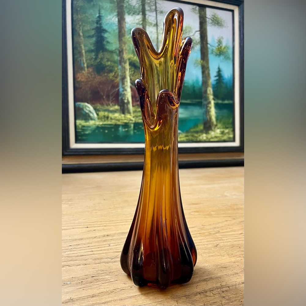 Vintage Amber Brown MCM Hand blown Glass Swung Bud Flower Vase